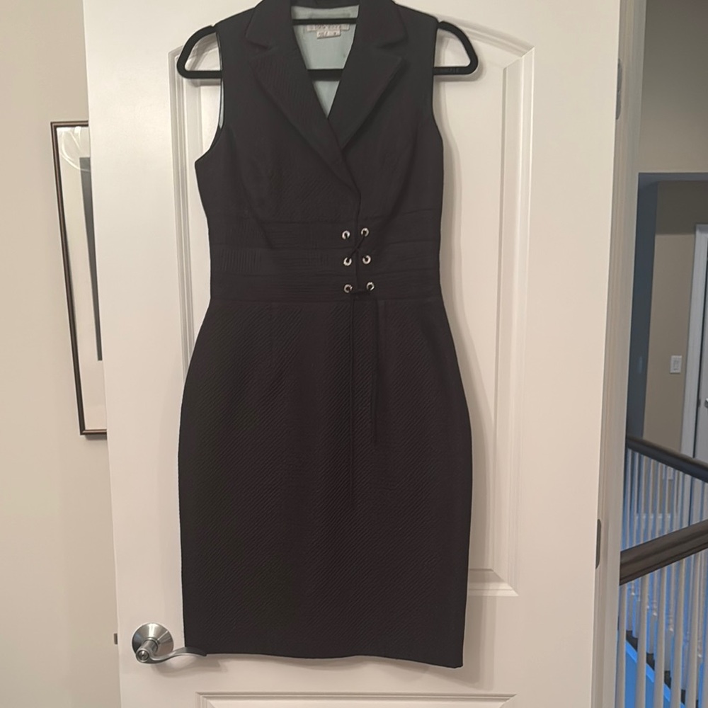 Kay Unger Black Sheath Mini Dress with Notched Collar